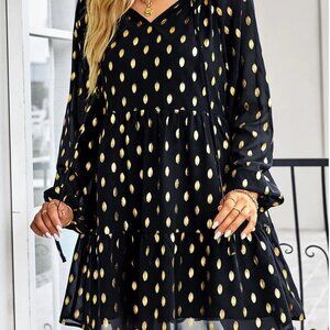 Kirundo Ruffle Gold Polka Dot Cute Babydoll VNeck Loose Tiered Flowy NEW Small